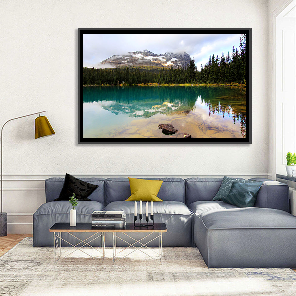 Lake O Hara Mountain Reflection Wall Art in a room, landscape