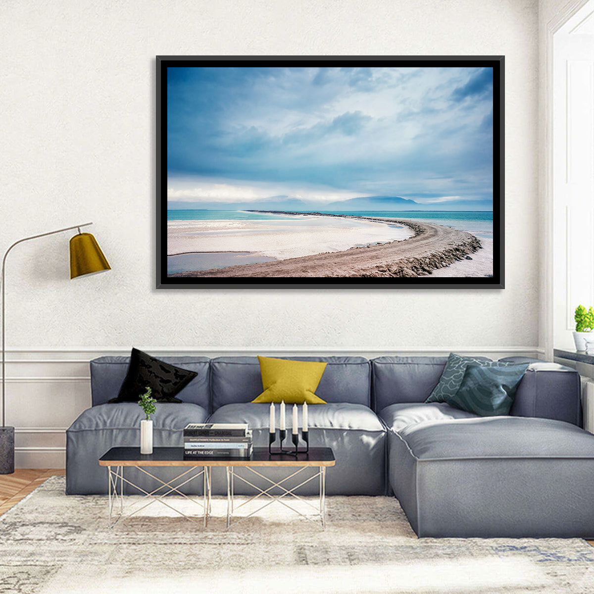 Dead Sea Salt Flats Coastline Wall Art in a room, landscape