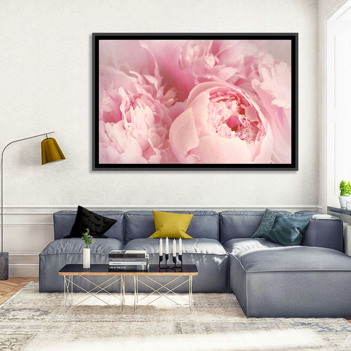 Soft Pink Peony Close Up Wall Art in a room, landscape