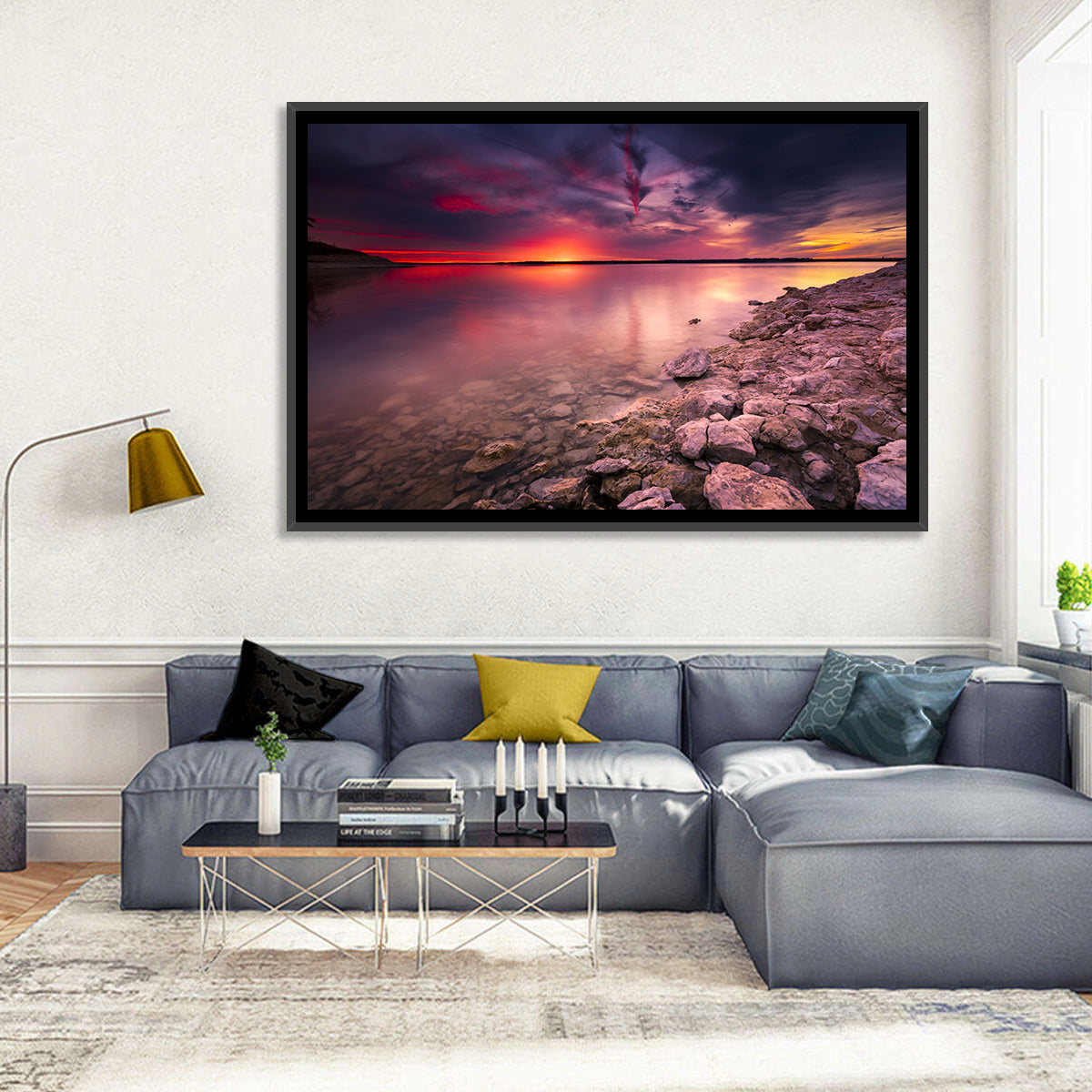 Benbrook Lake Sunset Reflection Wall Art in a room, landscape