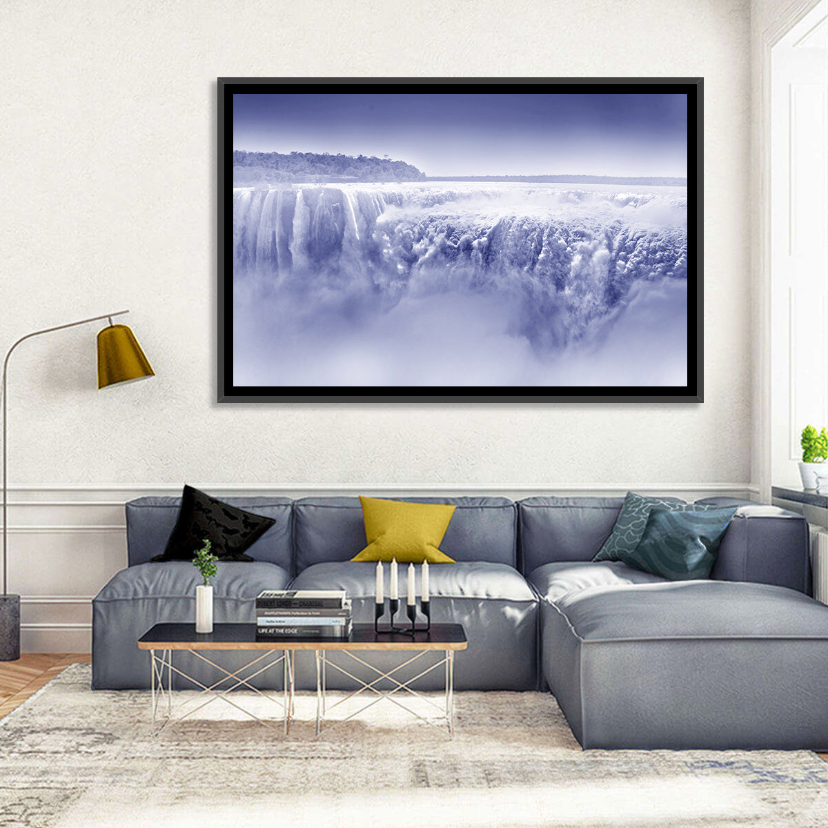 Iguazu Falls Blue Monochrome Wall Art in a room, landscape