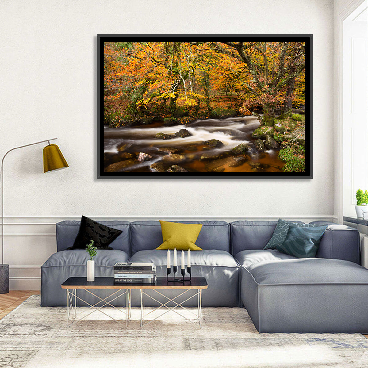 Dartmoor Autumn River in Golden Forest Wall Art in a room, landscape