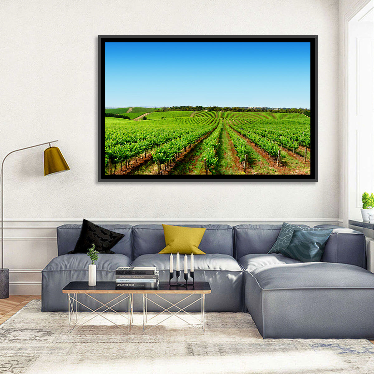 Sunlit Vineyard Rows Wall Art in a room, landscape