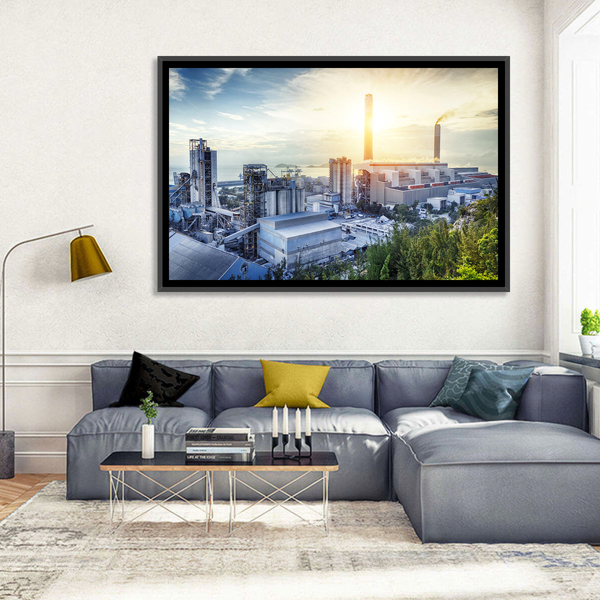 Coastal Power Plant at Sunrise Wall Art in a room, landscape