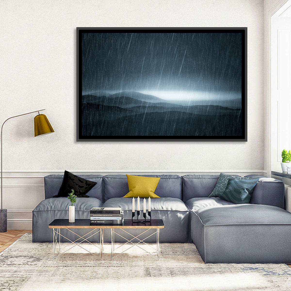 Rain Storm Over Mountains Wall Art in a room, landscape
