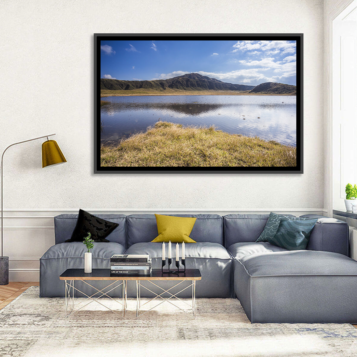 Mount Aso Lake Reflection Wall Art in a room, landscape