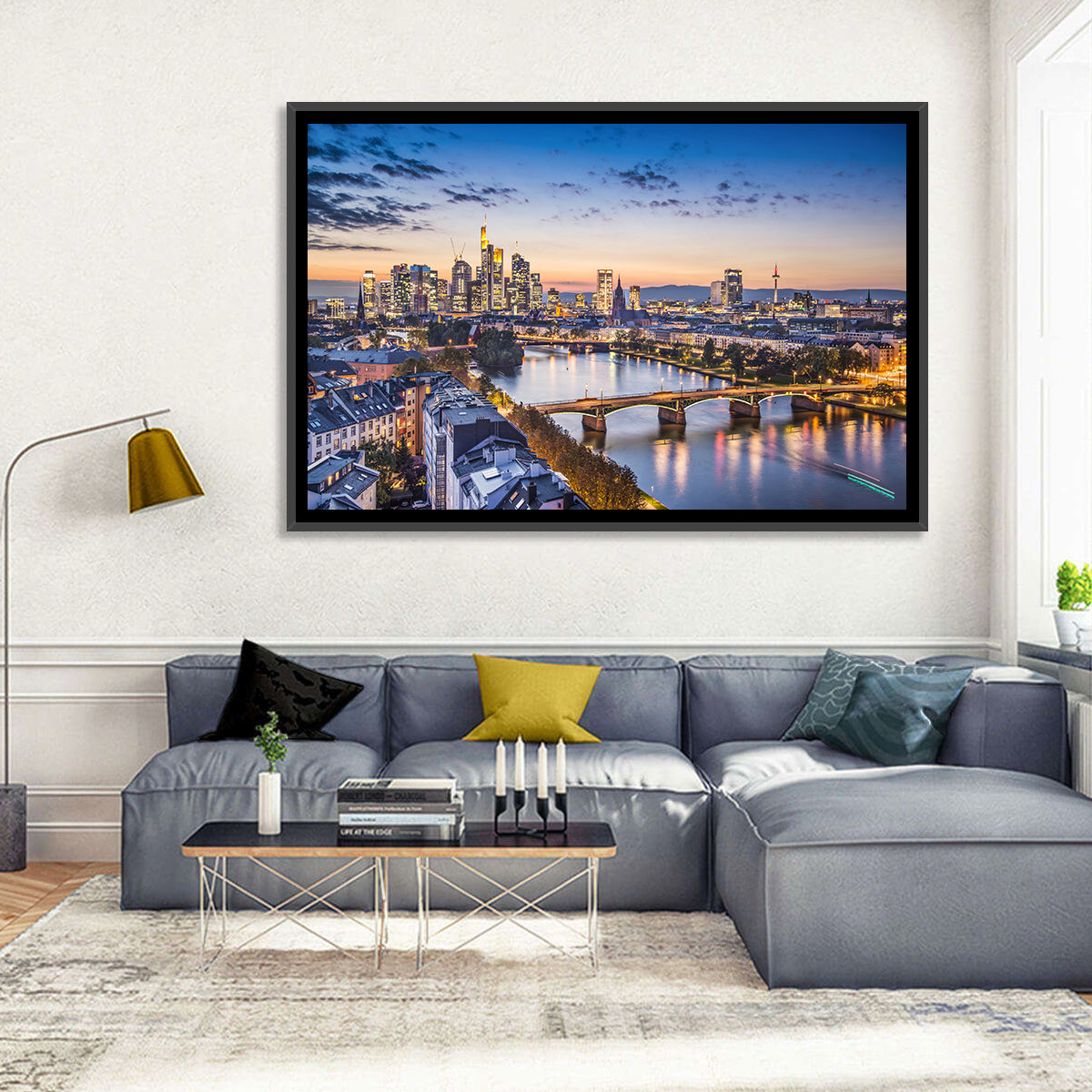 Frankfurt Twilight Skyline Wall Art in a room, landscape