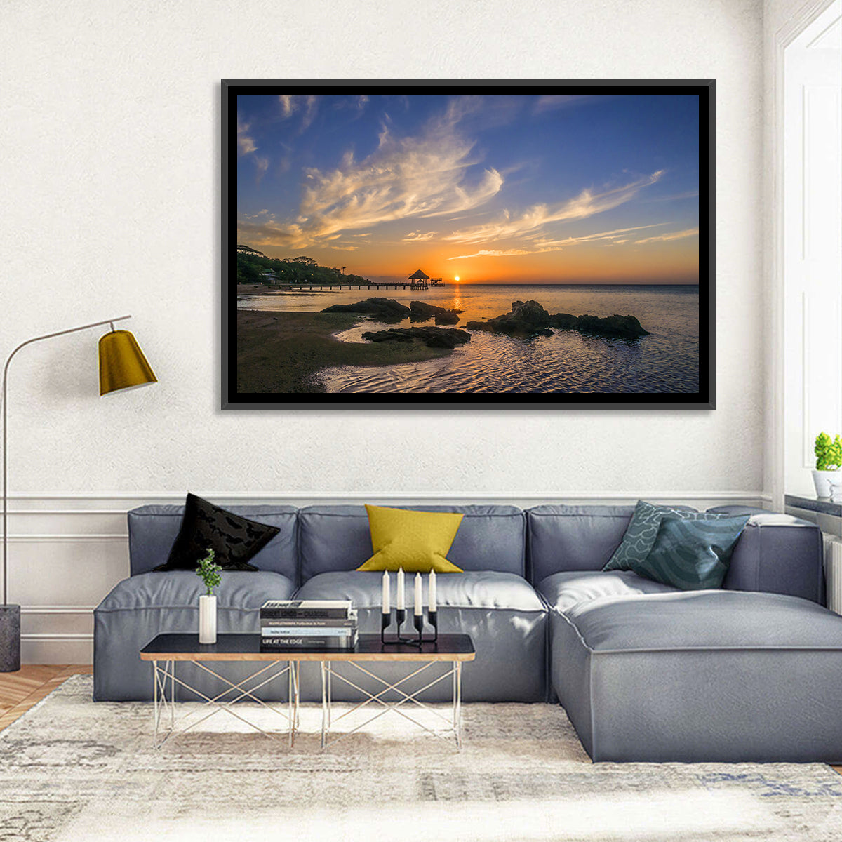 Roatan Pier Sunset Wall Art in a room, landscape
