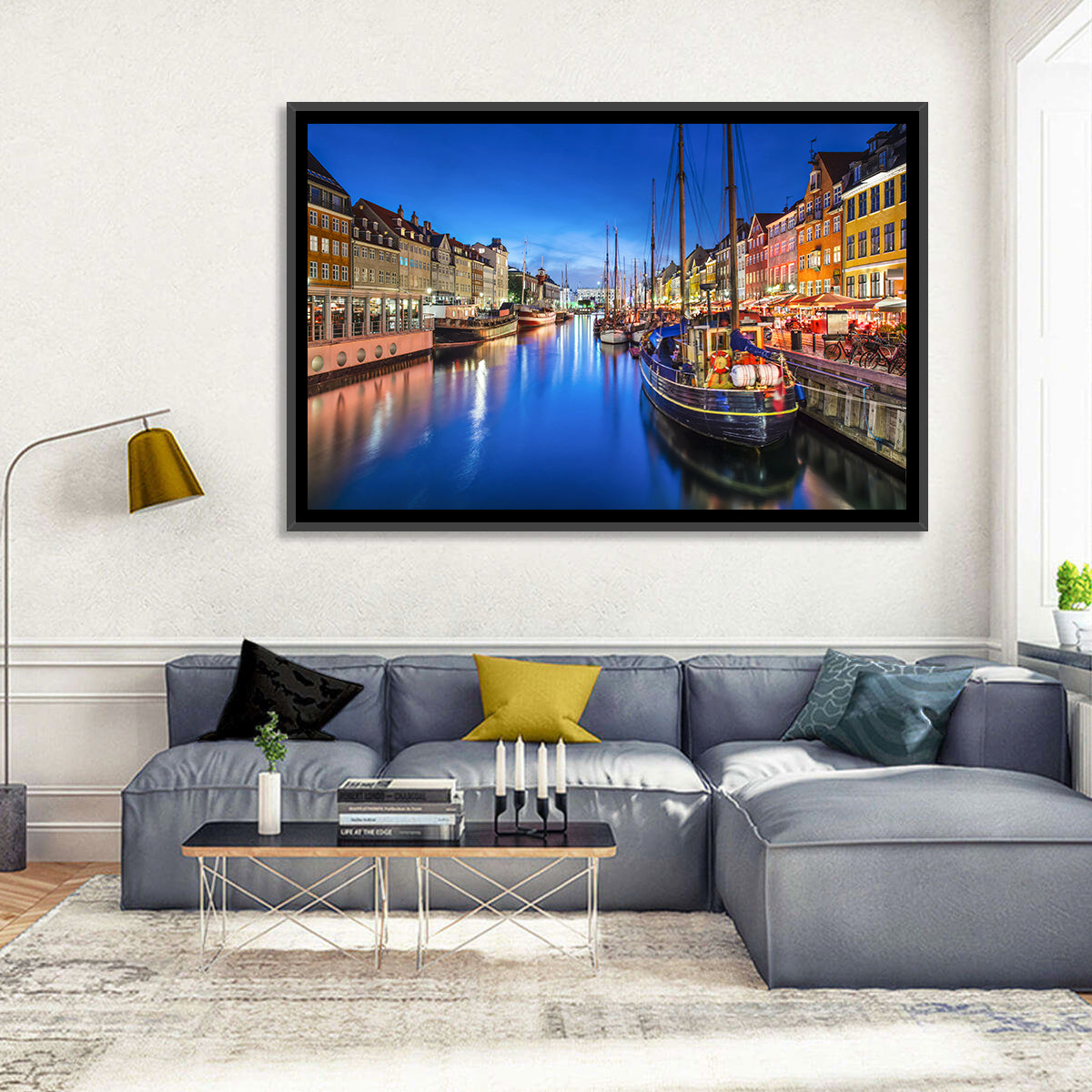 Nyhavn Canal at Dusk Wall Art in a room, landscape