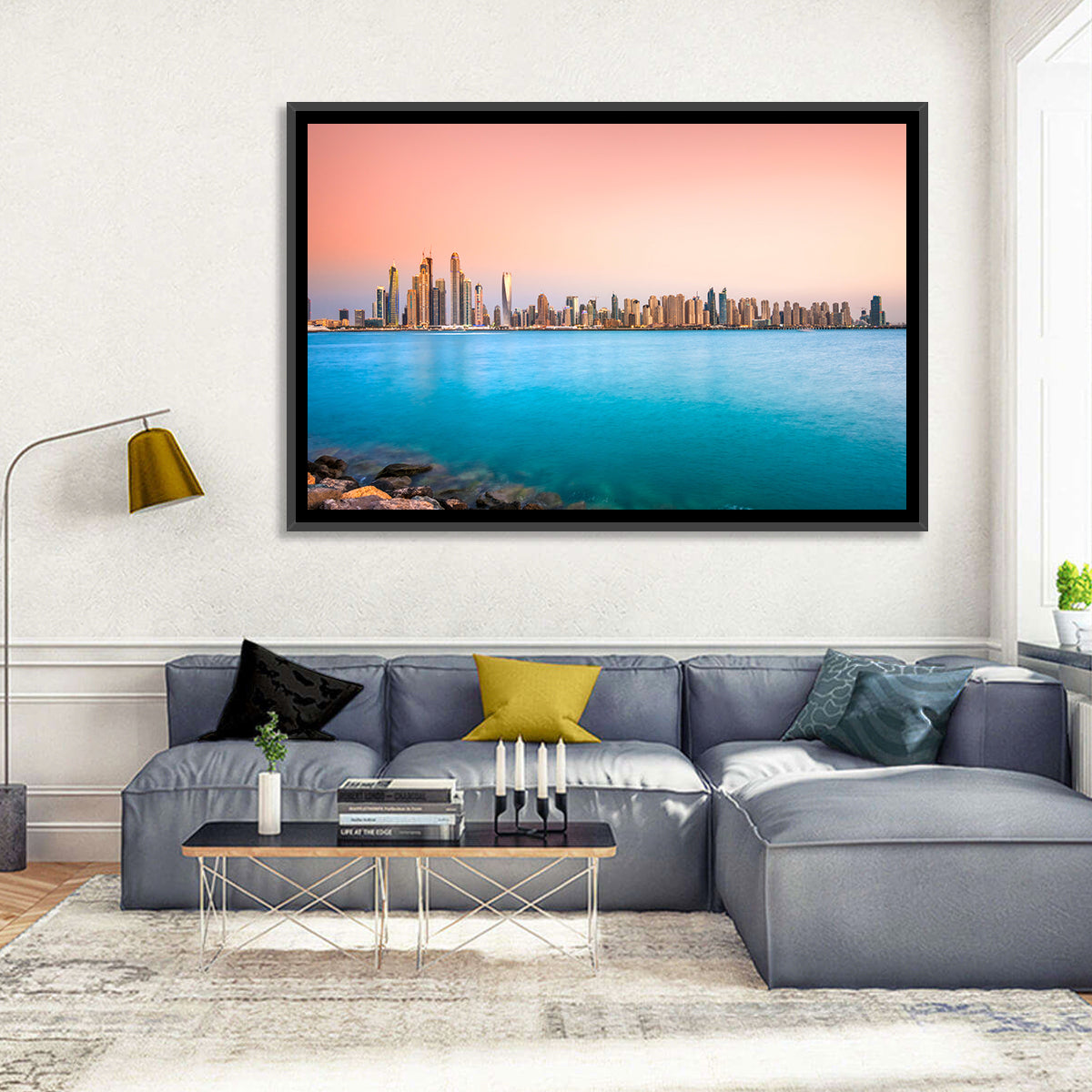Dubai Marina Skyline Wall Art in a room, landscape