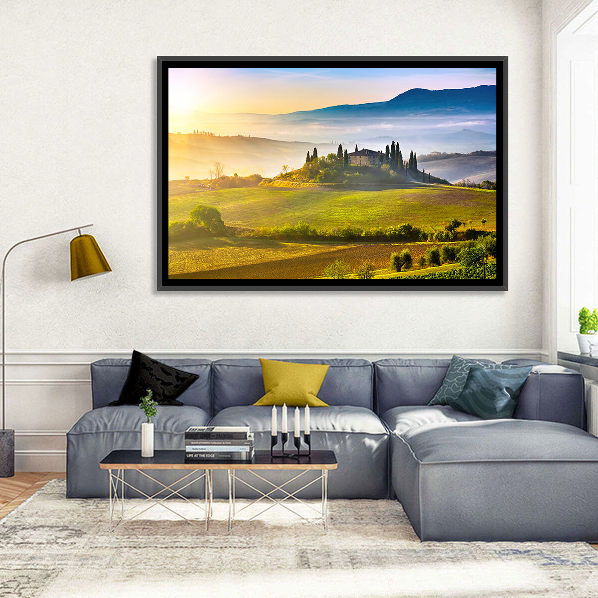 Tuscan Morning Landscape Wall Art in a room, landscape