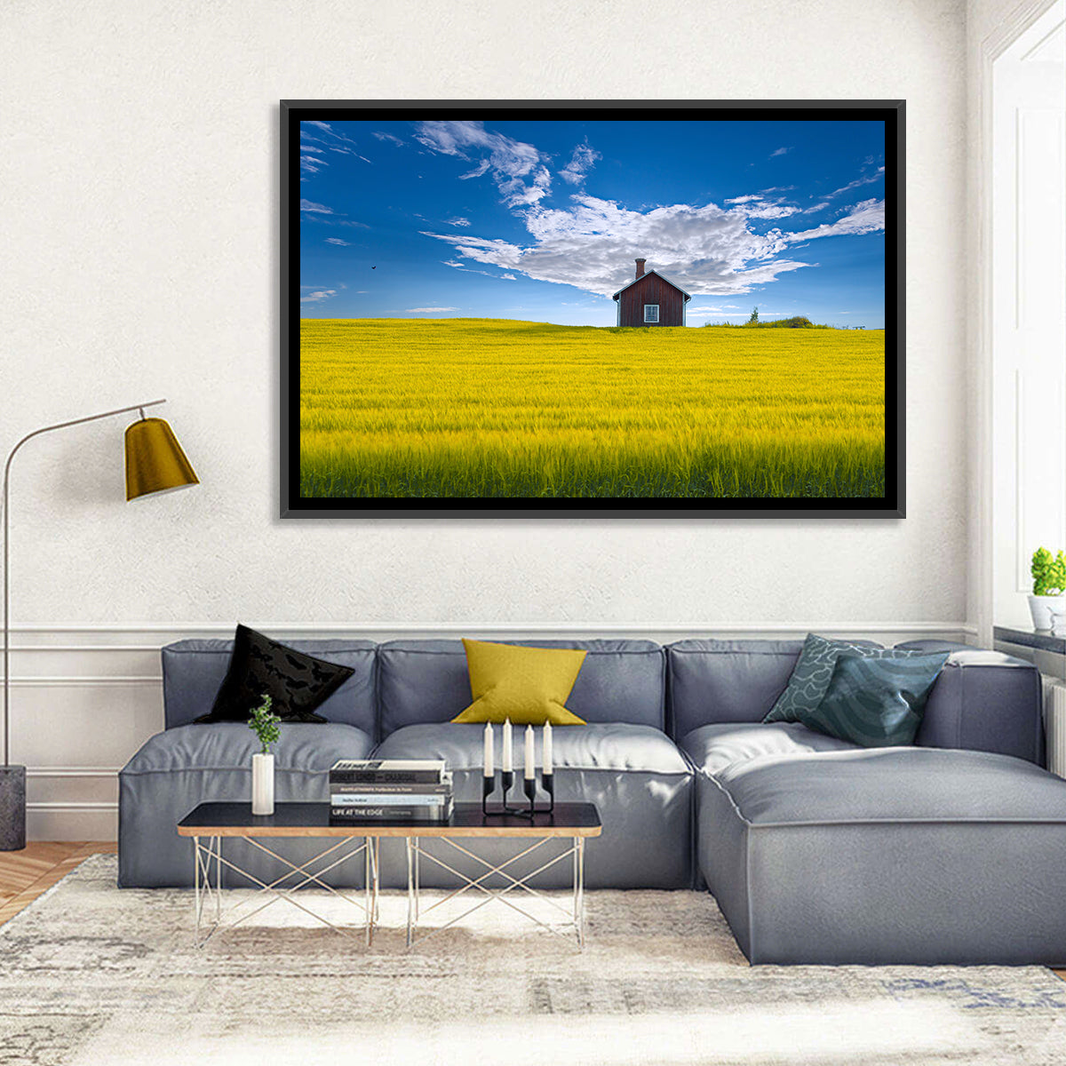 Red Barn in Golden Wheat Field Wall Art in a room, landscape