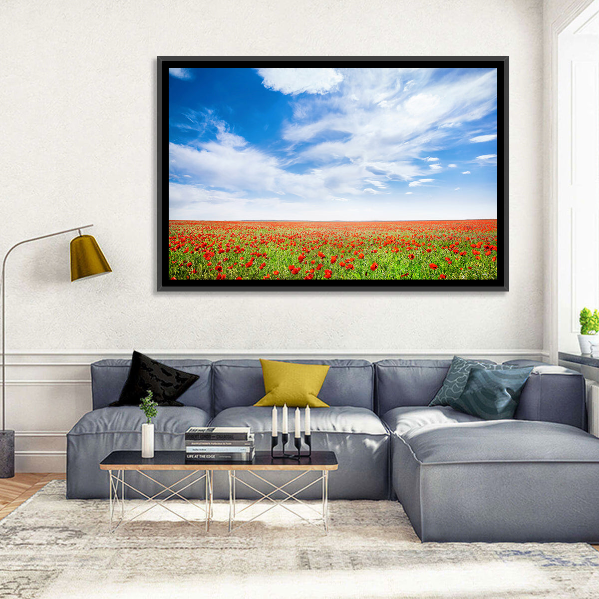 Red Poppy Field Wall Art in a room, landscape