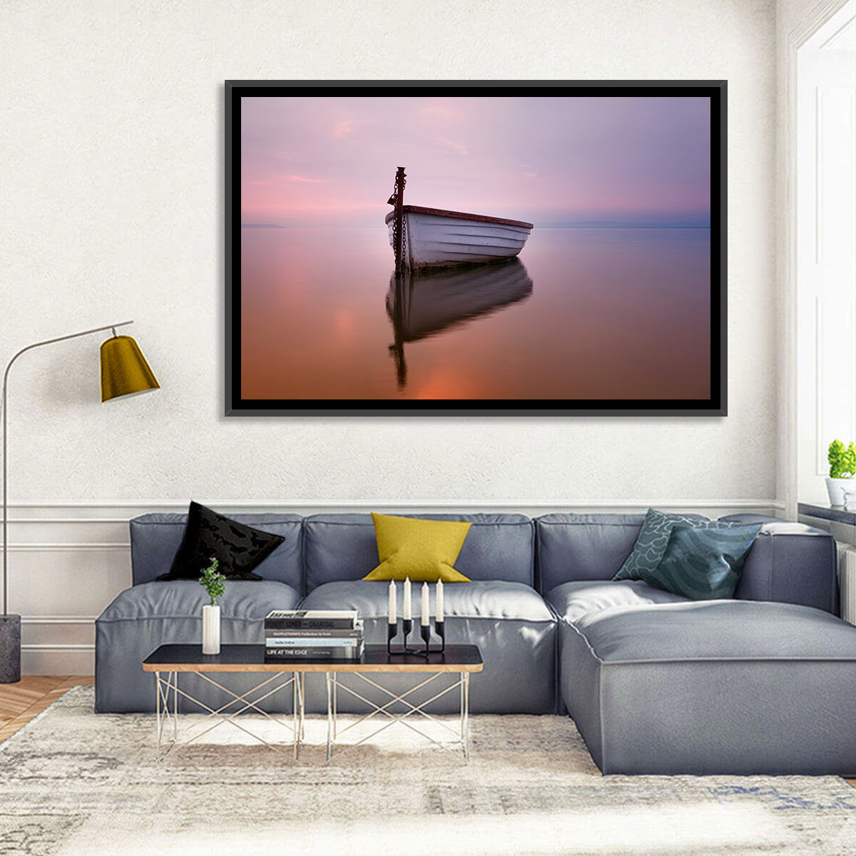 Pastel Boat Reflection Wall Art in a room, landscape
