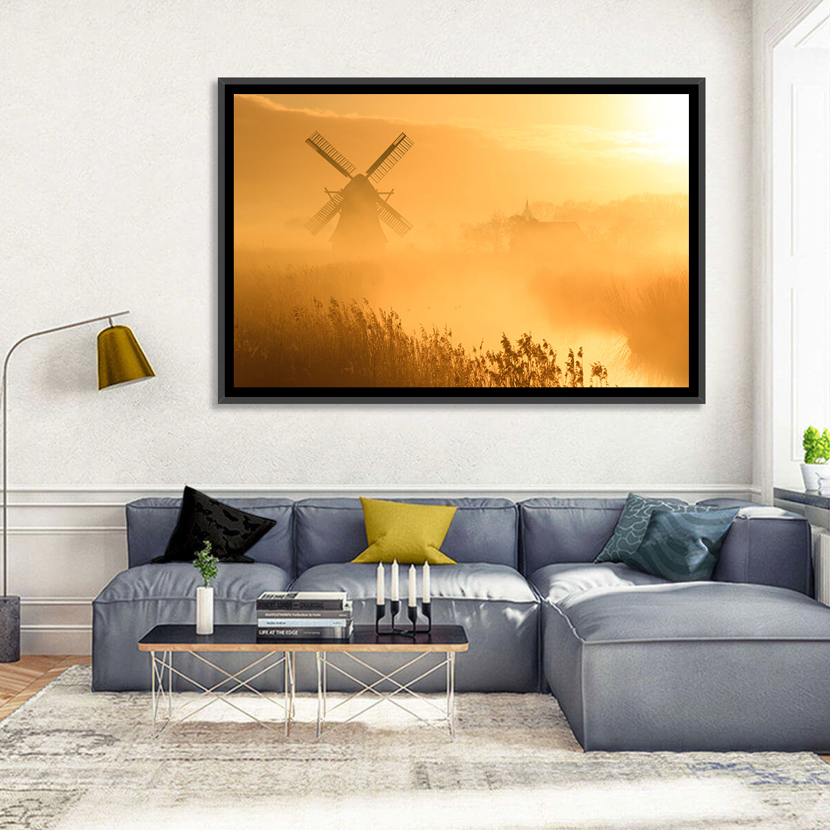 Golden Dutch Windmill Sunrise Wall Art in a room, landscape