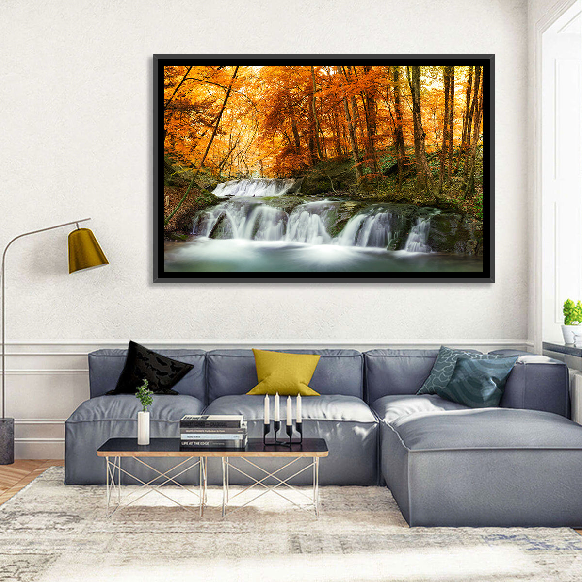 Autumn Forest Waterfall Wall Art in a room, landscape