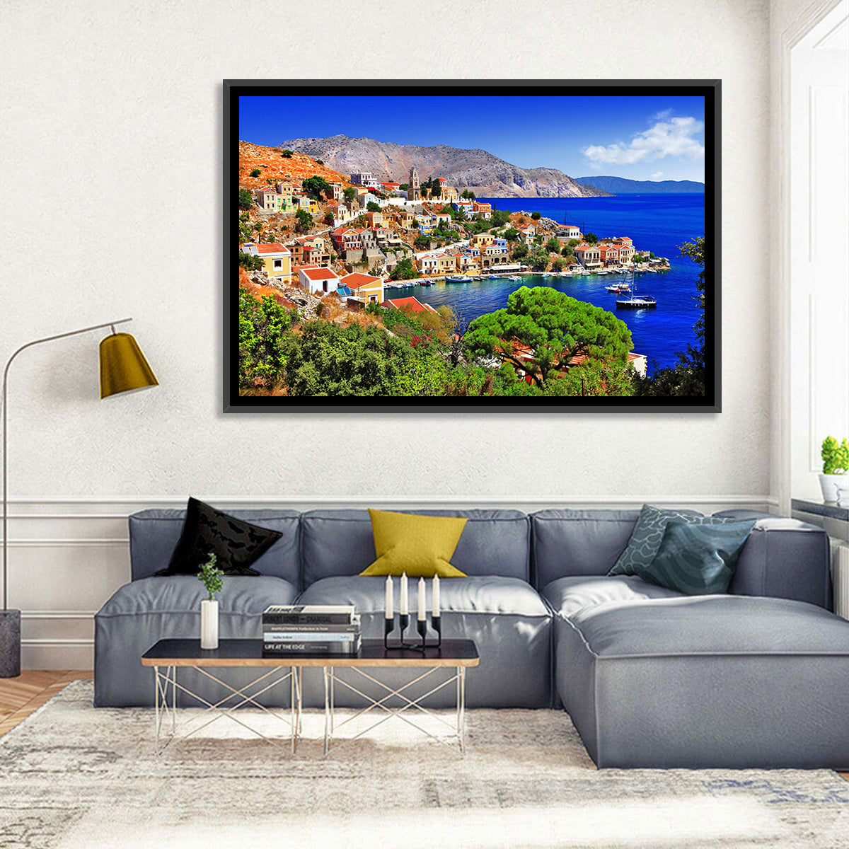 Symi Harbor, Greece Wall Art in a room, landscape