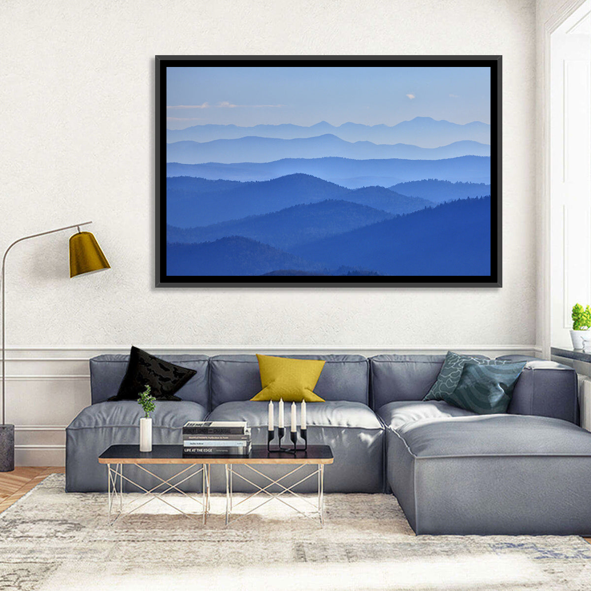 Misty Blue Mountain Valley Wall Art in a room, landscape