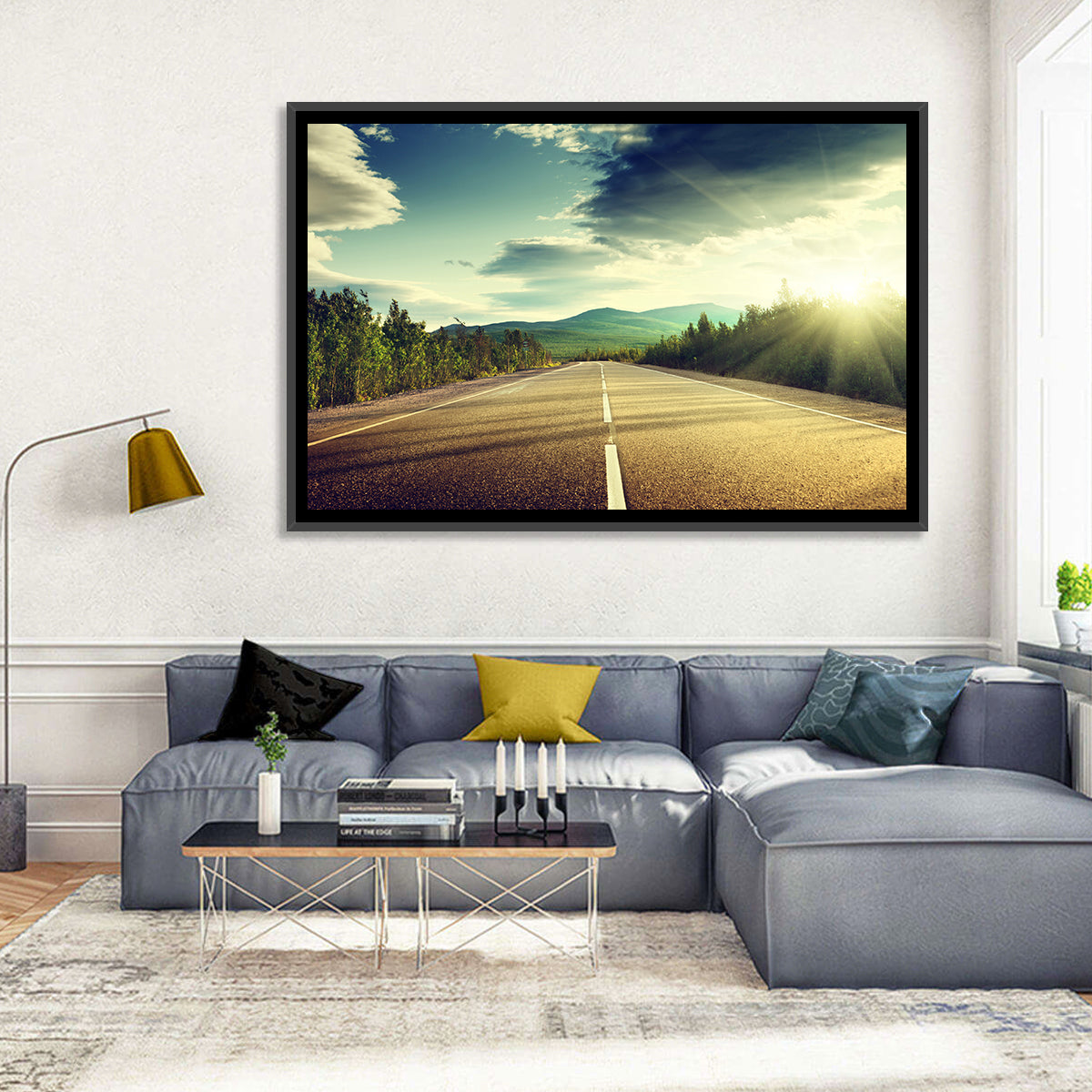 Sunlit Asphalt Road Wall Art in a room, landscape