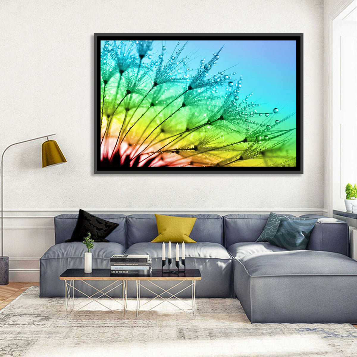 Dewy Dandelion Close-up Wall Art in a room, landscape