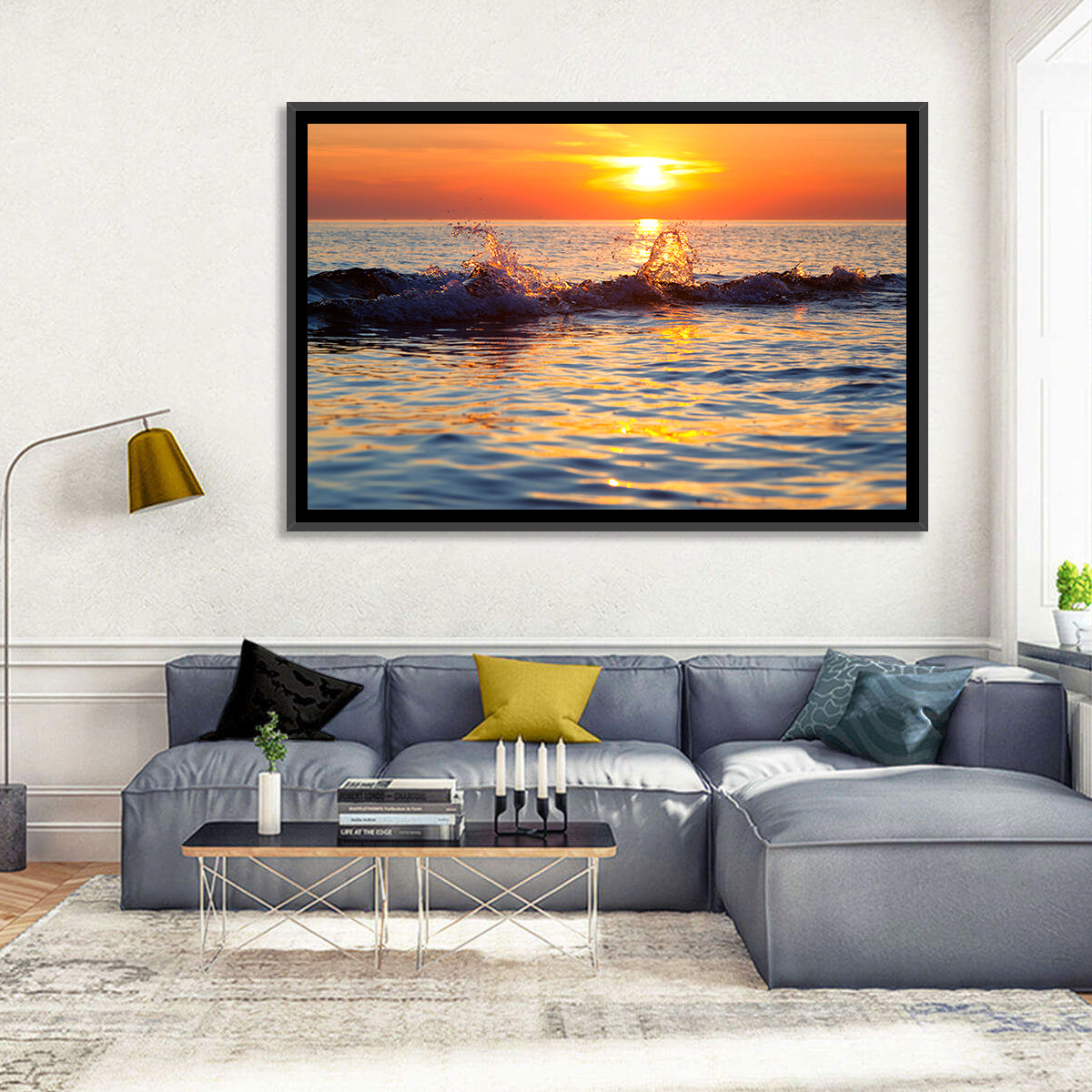 Lake Michigan Sunset Waves Wall Art in a room, landscape