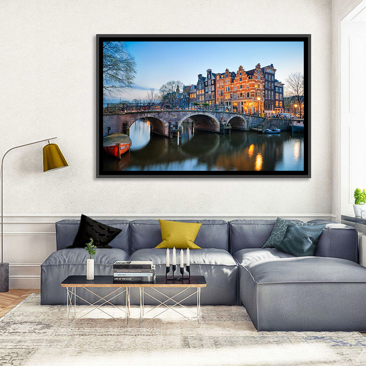 Brouwersgracht Canal Bridge at Dusk Wall Art in a room, landscape