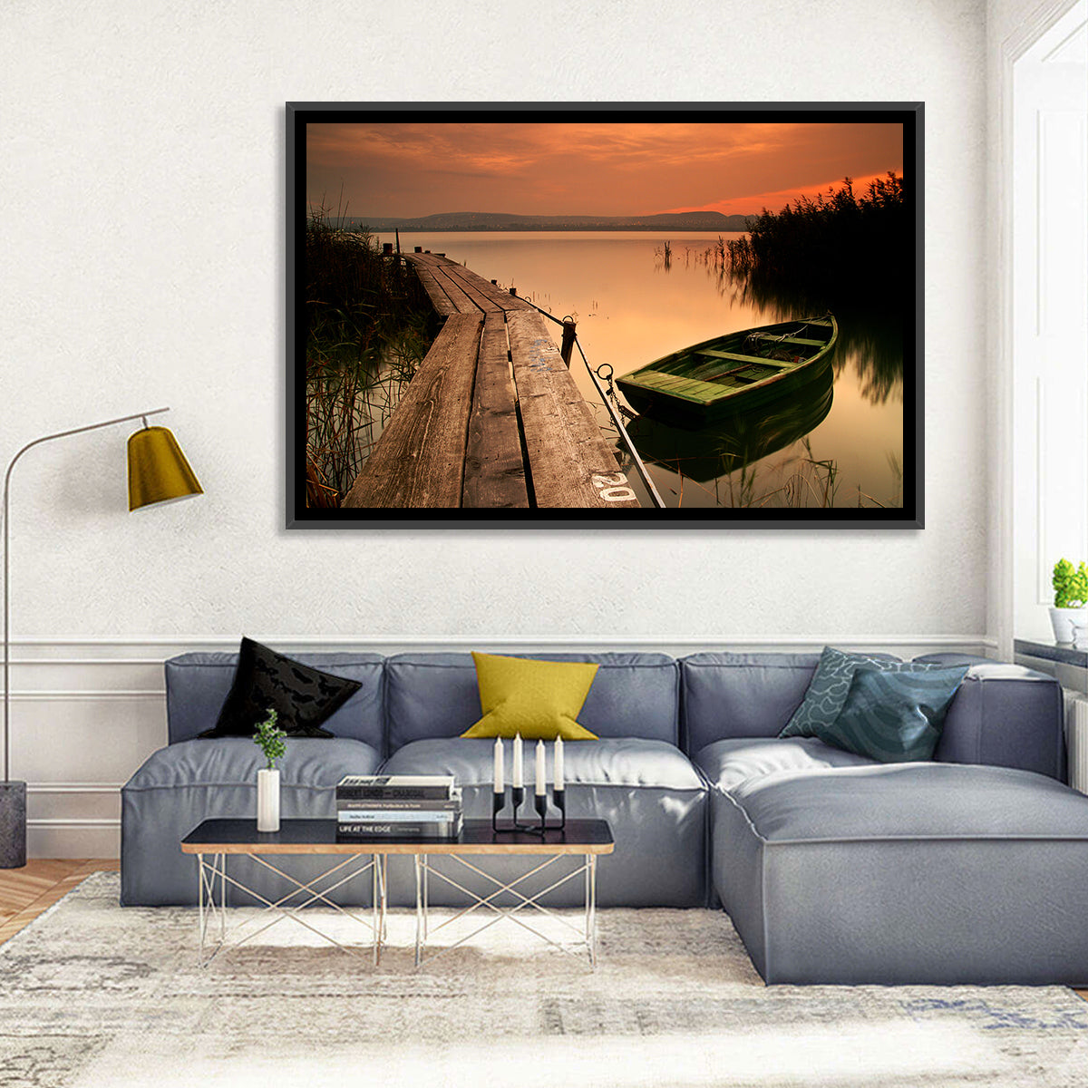 Pier and Rowboat on Lake Balaton Wall Art in a room, landscape