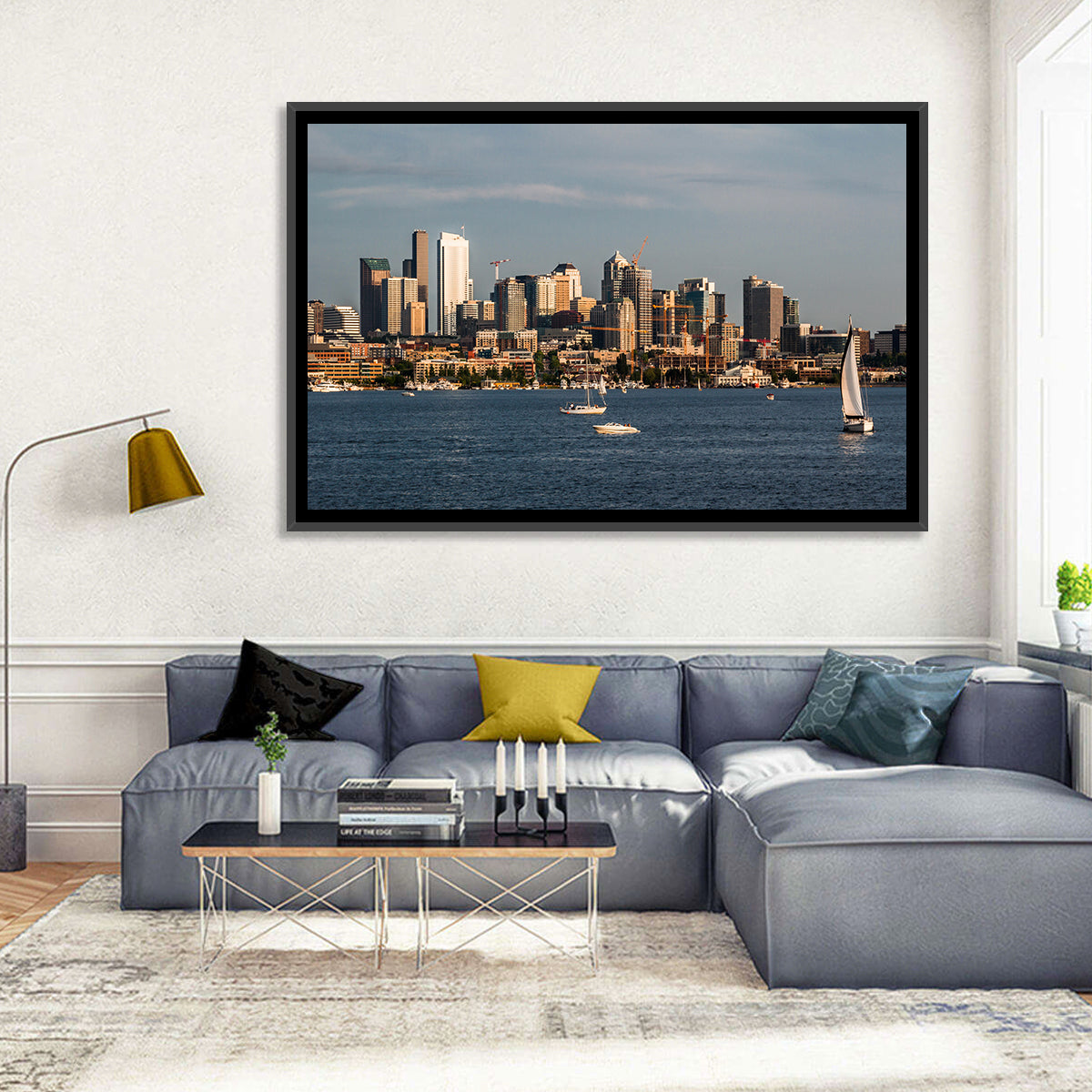 Seattle Skyline at Golden Hour Wall Art in a room, landscape