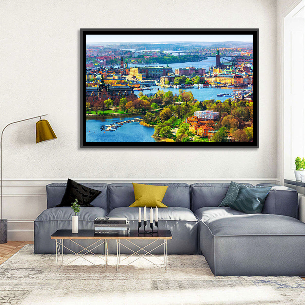 Gamla Stan Waterfront Wall Art in a room, landscape