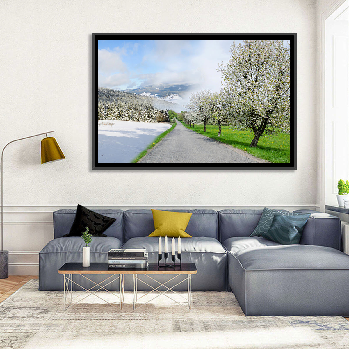 Season Change Road to Snowy Mountain Wall Art in a room, landscape