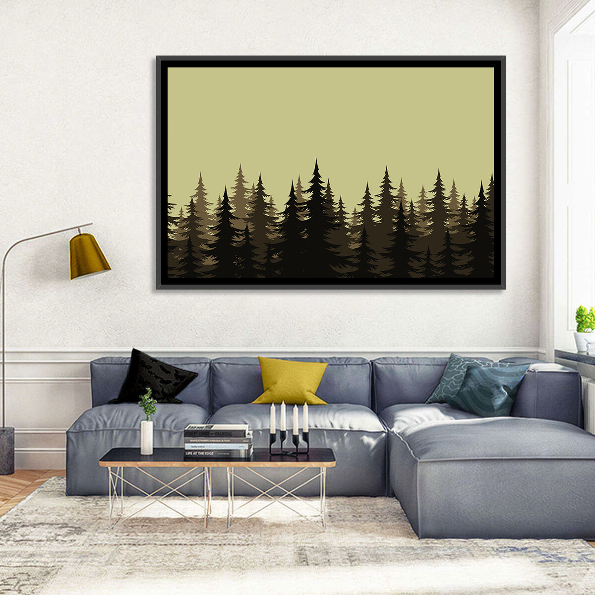 Fir Tree Silhouettes Wall Art in a room, landscape