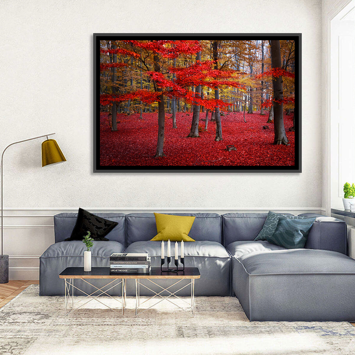 Crimson Autumn Forest Wall Art in a room, landscape