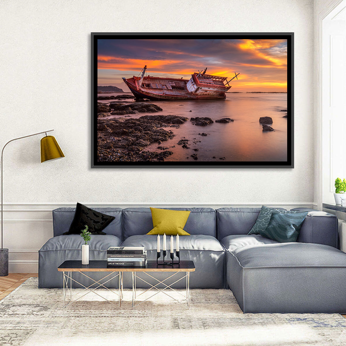 Shipwreck at Sunset Wall Art in a room, landscape