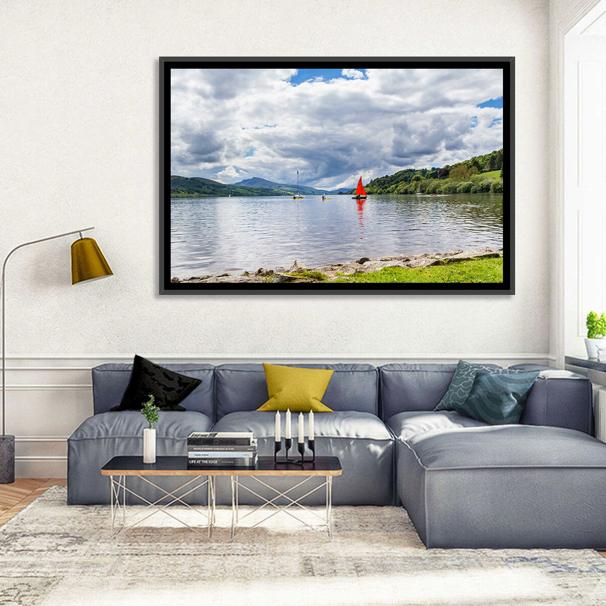 Bala Lake Sailboat Reflection Wall Art in a room, landscape