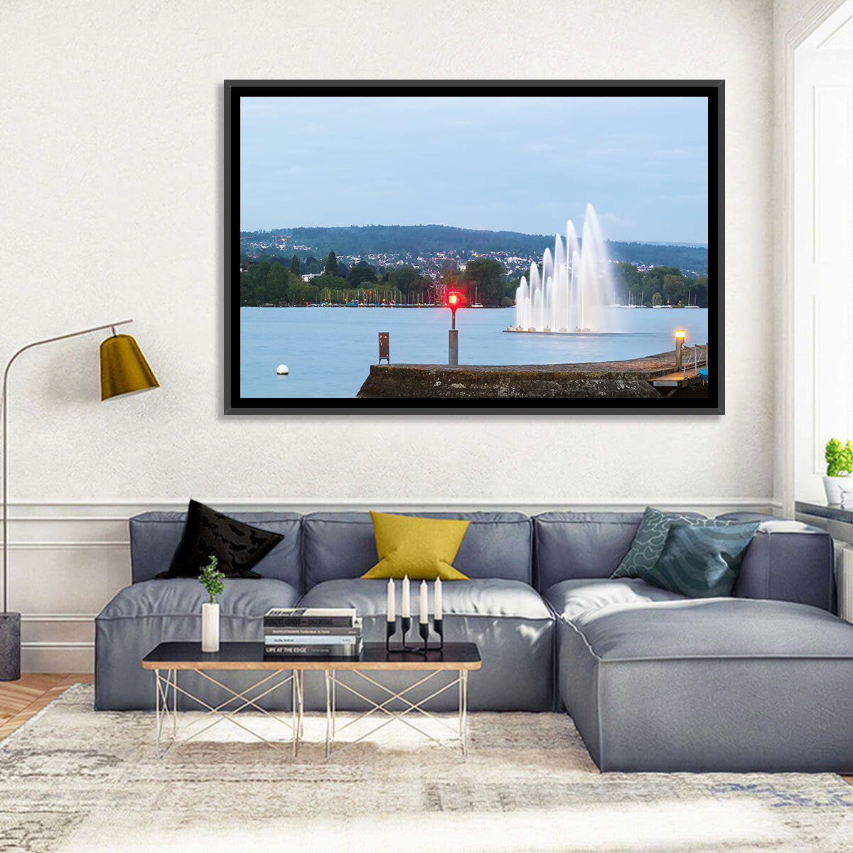 Lake Zurich Fountain at Dusk Wall Art in a room, landscape