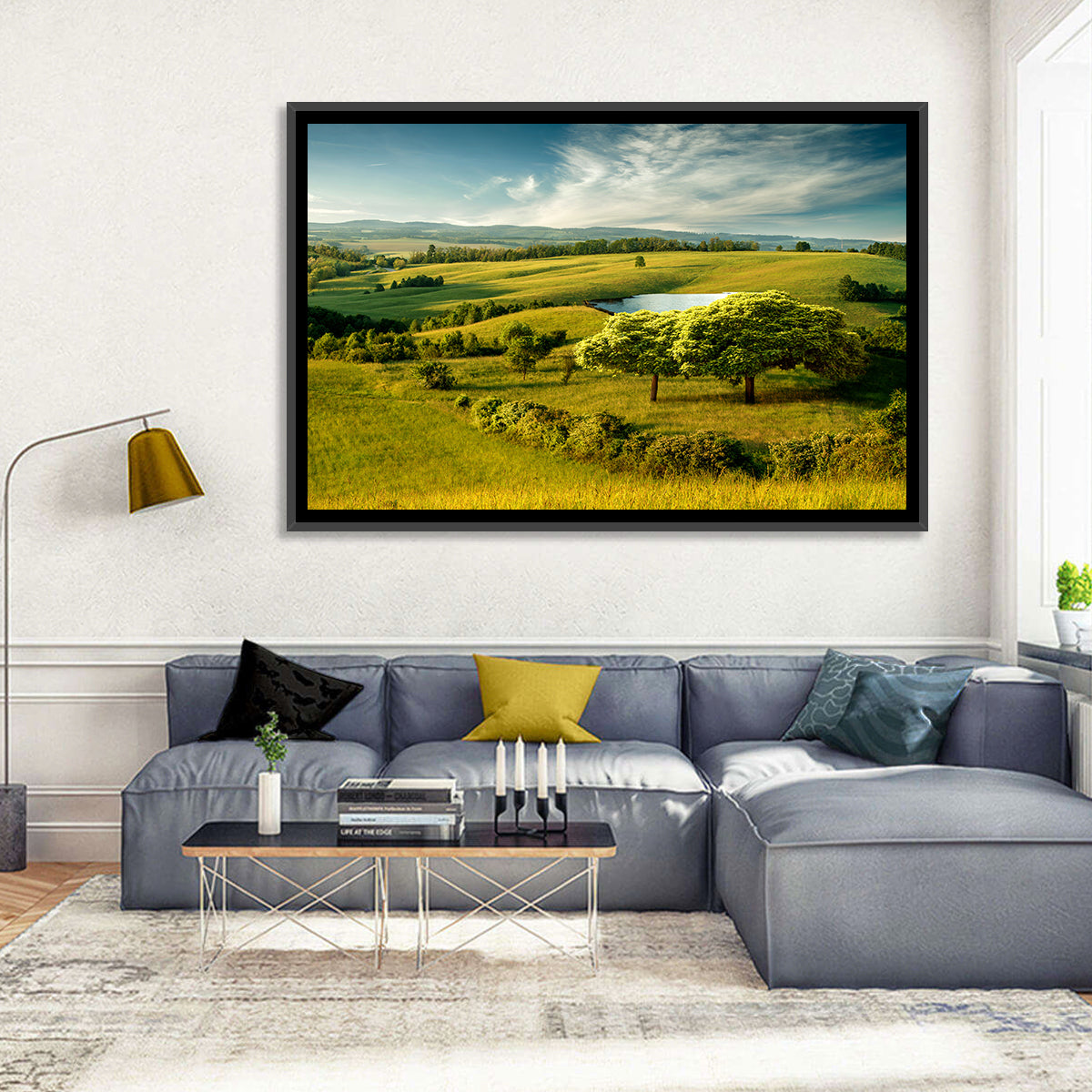 Rolling Hills with Pond Wall Art in a room, landscape