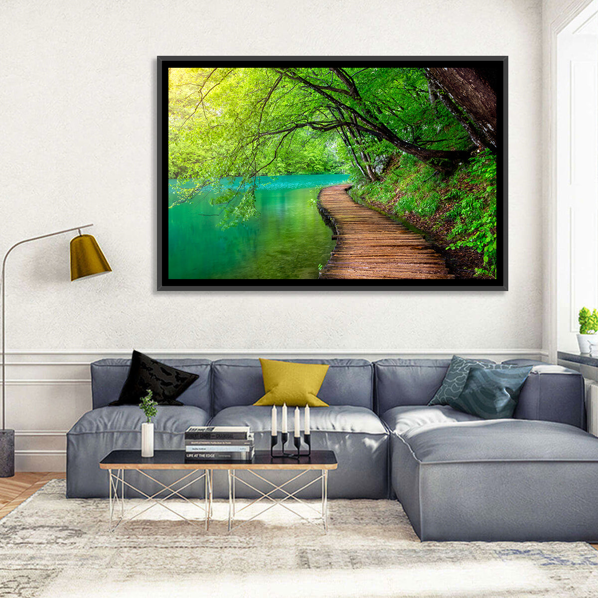 Plitvice Lakes Boardwalk Wall Art in a room, landscape