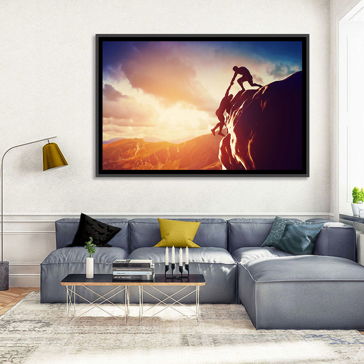 Two Hikers Summit Assist at Sunset Wall Art in a room, landscape