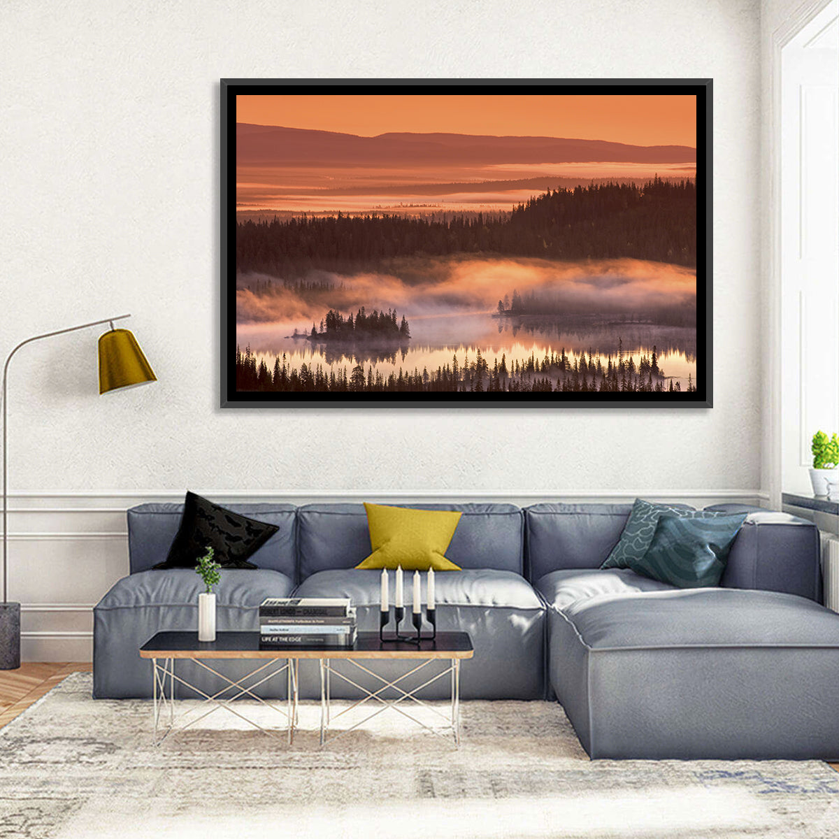 Lapland Sunrise Over Misty Lake Wall Art in a room, landscape