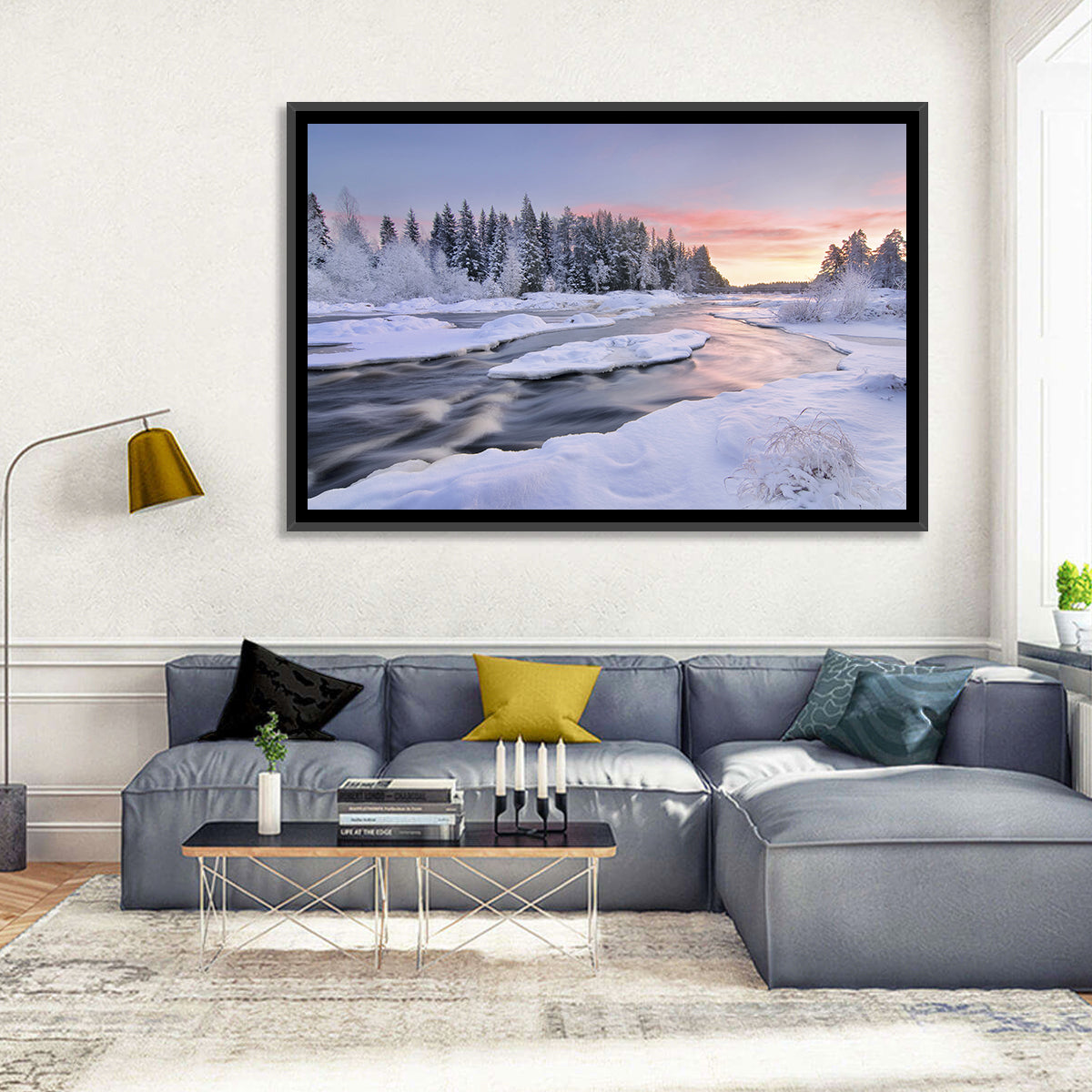 Kiiminkijoki Winter Sunrise Wall Art in a room, landscape