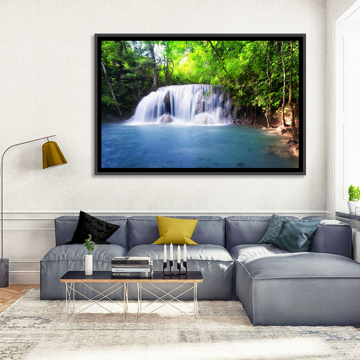 Erawan Waterfall Emerald Pool Wall Art in a room, landscape