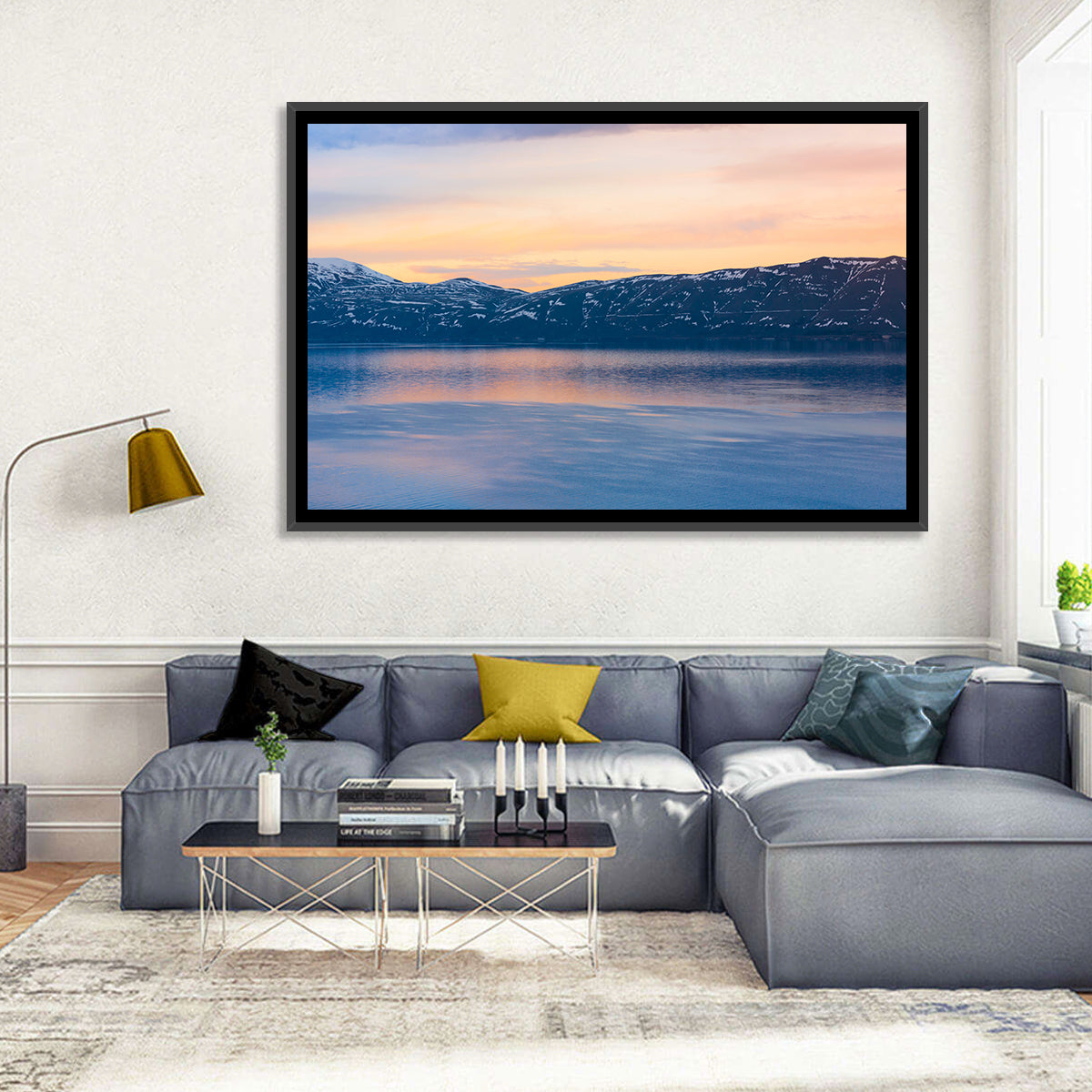 Lake Sevan Evening Reflection Wall Art in a room, landscape