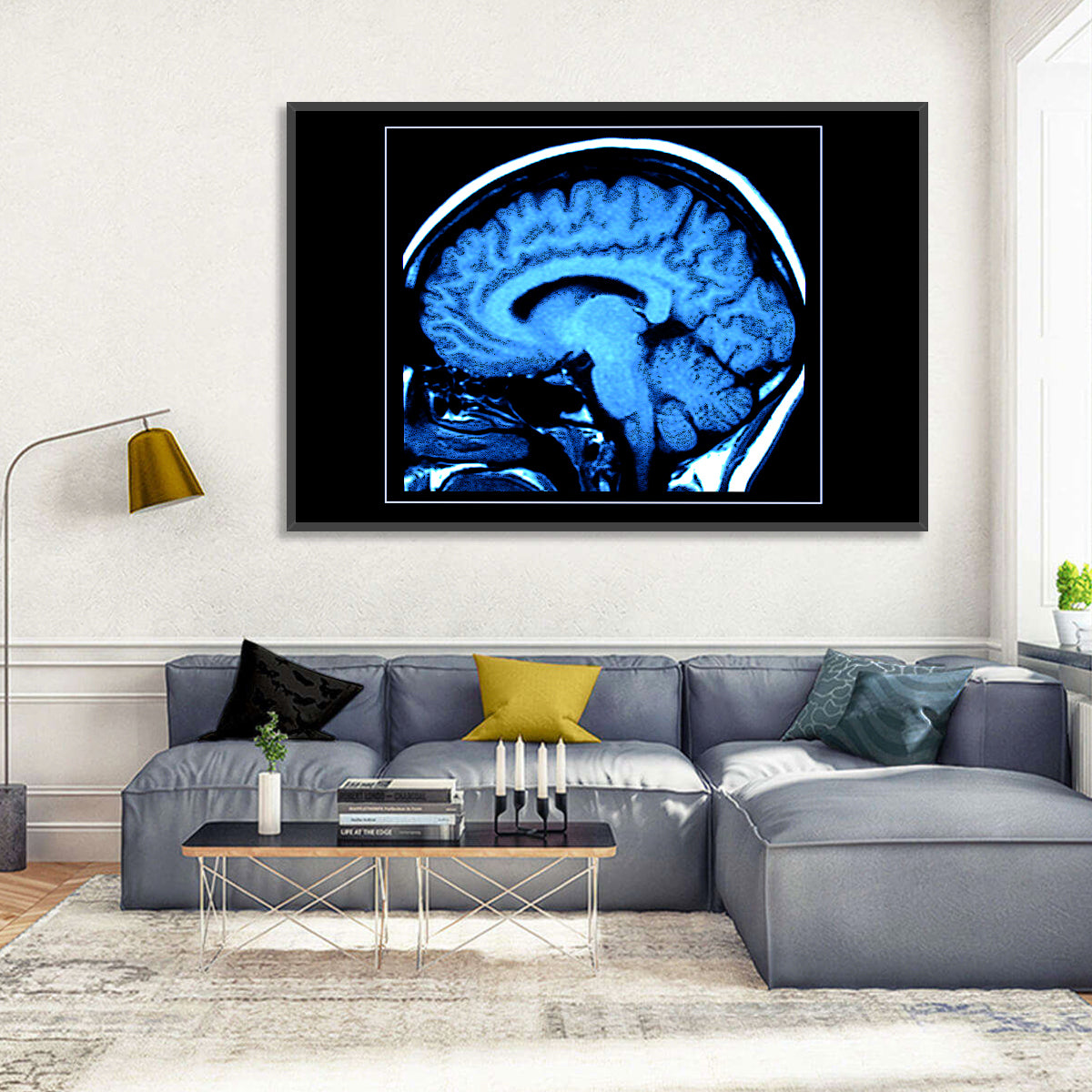 Sagittal Brain Mri Scan in Blue Wall Art in a room, landscape