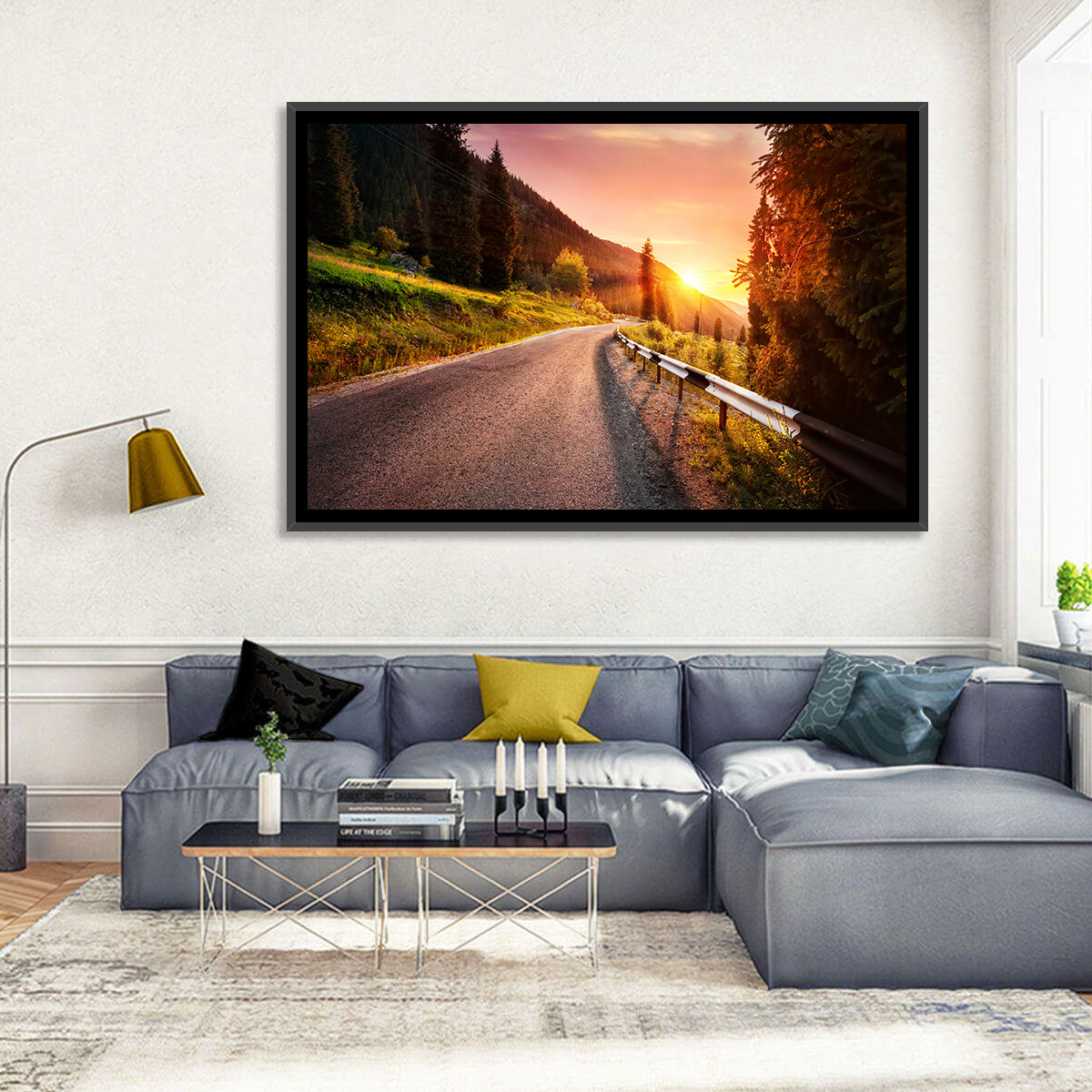 Golden Hour Mountain Road Wall Art in a room, landscape