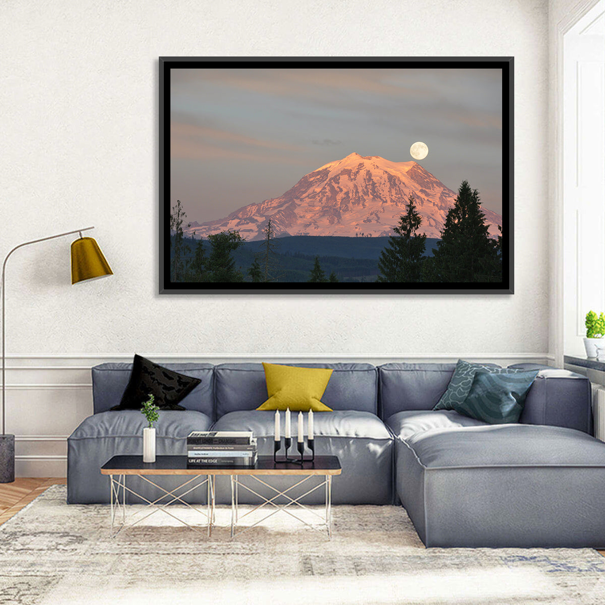 Mount Rainier Alpenglow with Full Moon Wall Art in a room, landscape