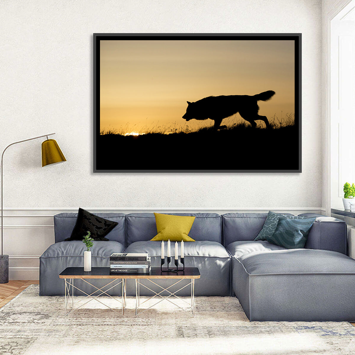 Wolf at Golden Horizon Wall Art in a room, landscape