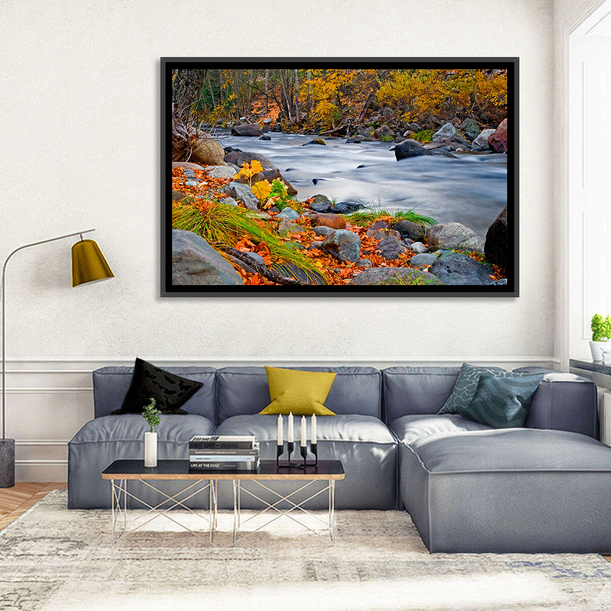 Golden Autumn Forest Creek Wall Art in a room, landscape