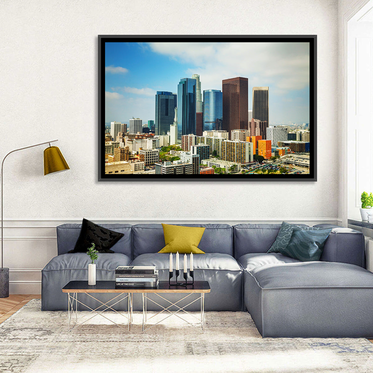 Downtown Los Angeles Skyline Cityscape Wall Art in a room, landscape