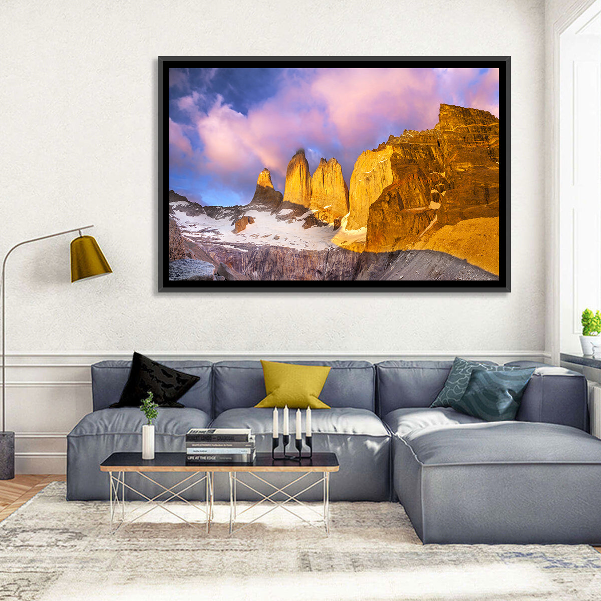Torres Del Paine Alpenglow Wall Art in a room, landscape