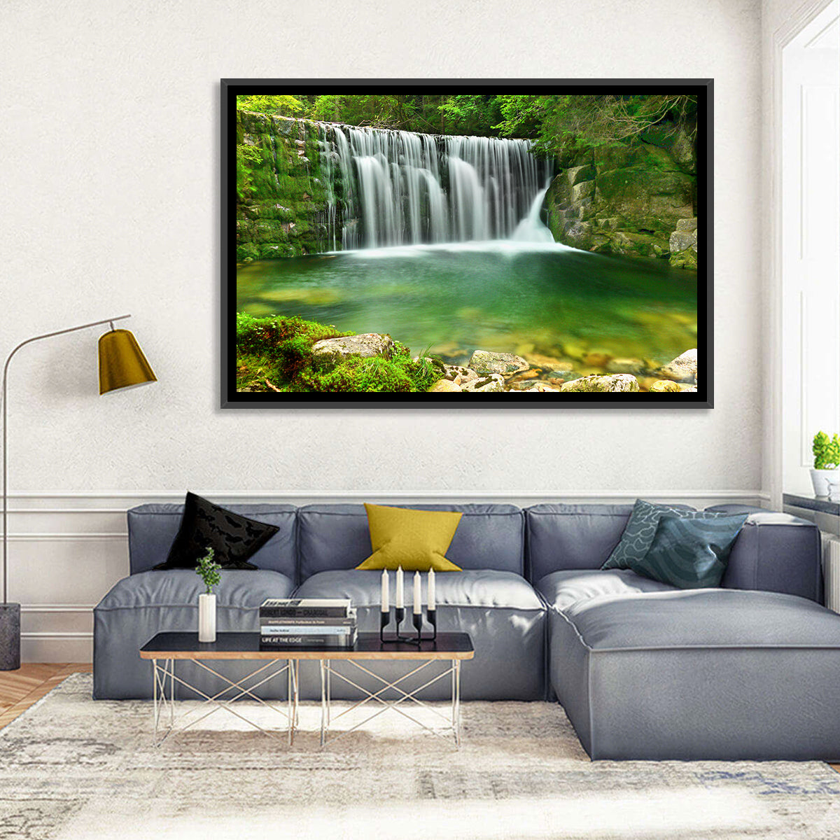 Emerald Lake Cascade Wall Art in a room, landscape